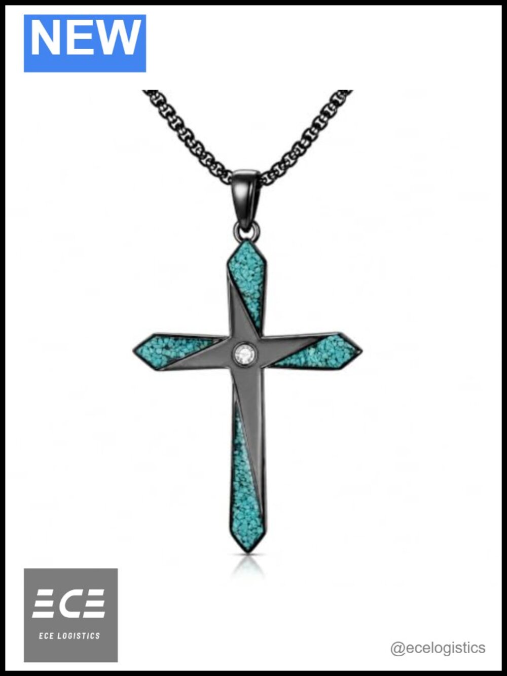 Turquoise Cross Necklace Gold Plated Black Vintage Unisex Religious Pendant Gift